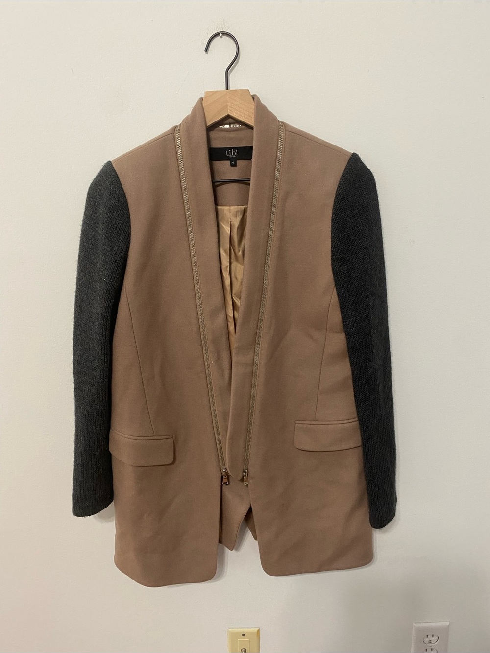 Tibi Two-Tone Blazer in Taupe with Charcoal Sleeves